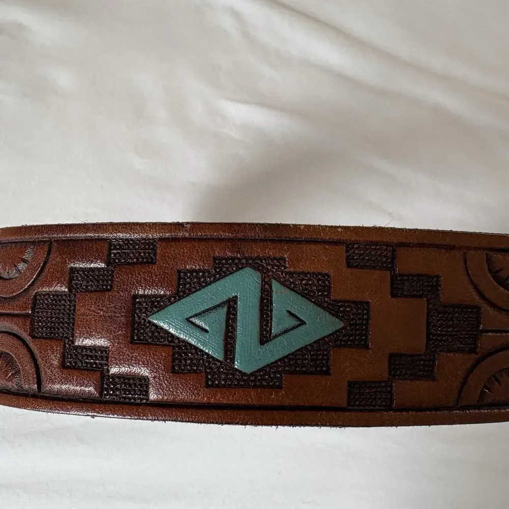 Vintage Chambers Tooled Belt with Buckle Southwestern Leather Fits Waist 24-30